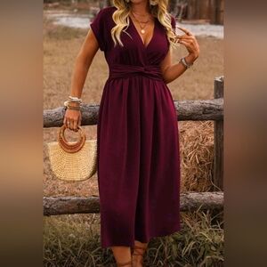 New Flowy Cuffed Dolman Ruched Twist Waist Midi Dress PLUS Sangria Burgundy Red